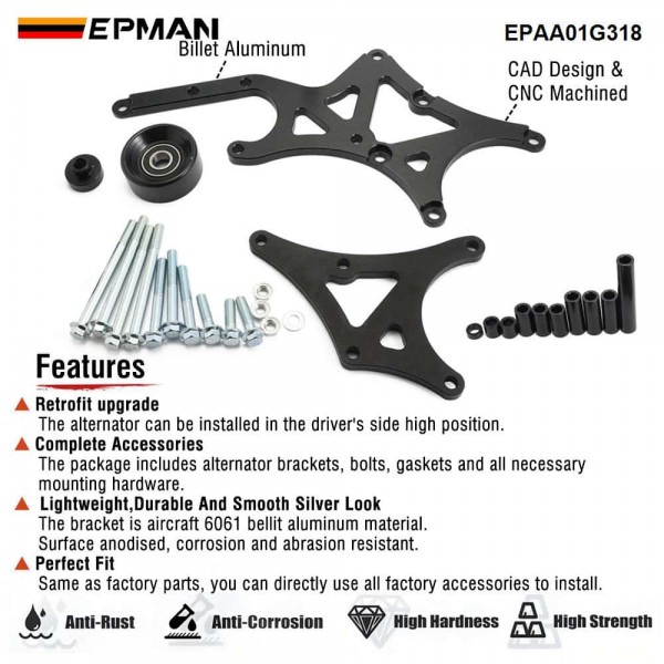 EPMAN LS Truck SUV Alternator & Power Steering Pump Bracket for Driver Side Relocation Kit Swap Conversion for Chevrolet 1999-2014 EPAA01G318