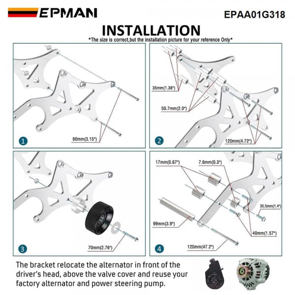 EPMAN LS Truck SUV Alternator & Power Steering Pump Bracket for Driver Side Relocation Kit Swap Conversion for Chevrolet 1999-2014 EPAA01G318