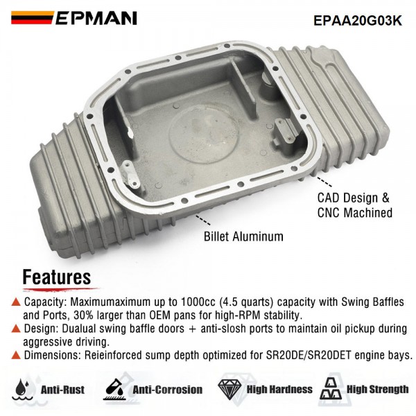 EPMAN High Capacity Engine Oil Pan Sump Aluminum for Nissan SR20DE/SR20DET (S13/S14/S15) EPAA20G03K EPMAN High Capacity Engine Oil Pan Sump Aluminum for Nissan SR20DE/SR20DET (S13/S14/S15) EPAA20G03K