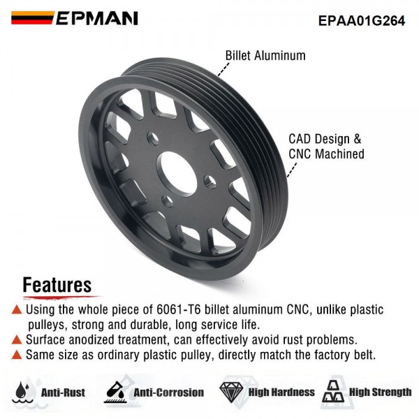 EPMAN CNC 6061-T6 Billet Aluminum Power Steering Pump Pulley for BMW 3/5/7/X3/X5/Z Series E46 E39 E38 E83 E53 E36/5 EPAA01G264 EPMAN CNC 6061-T6 Billet Aluminum Power Steering Pump Pulley for BMW 3/5/7/X3/X5/Z Series E46 E39 E38 E83 E53 E36/5 EPAA01G264