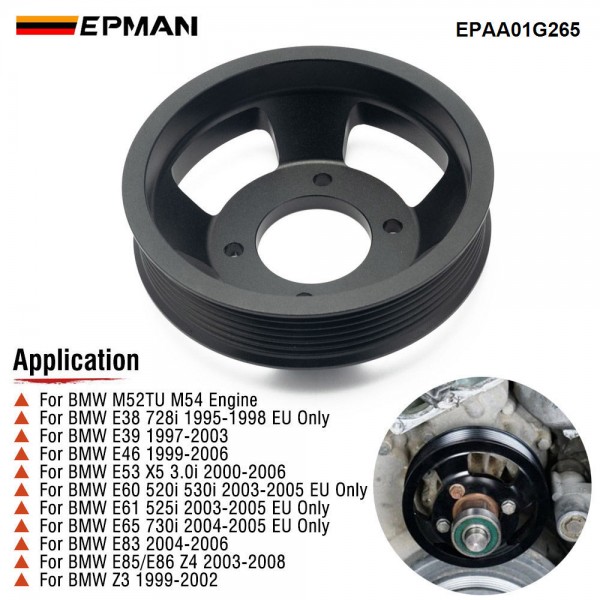 EPMAN Aluminum Water Pump Pulley for BMW M52TU/M54 Engines - CNC 6061-T6 Billet, Anodized Black, Direct Fit for E46/E39/E60/E83/E53/Z3/Z4 - Longer Life Than Plastic EPAA01G265