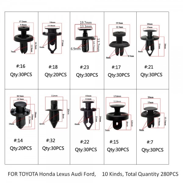 280PCS/Set Mixed Fastener Clip And Tool Car Fender Bumper rivet fixed Clip Fastener For Toyota Honda Lexus Audi Ford EP-SLK280H