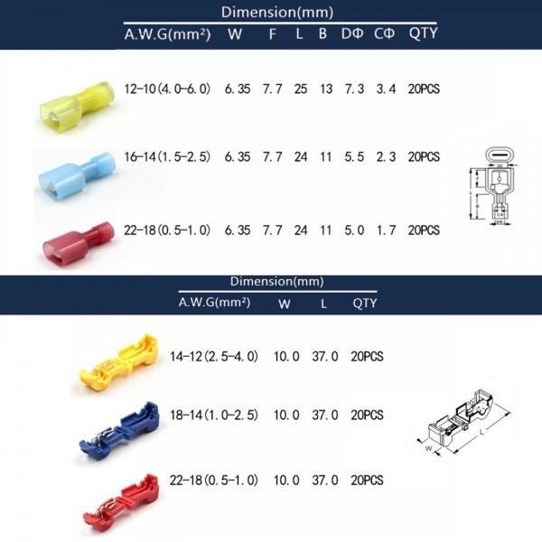 EPMAN 120pcs T-Taps/Male Insulated Wire Terminal Connectors Car Alarm Installation Quick Splice Wire Connector EP402GP120