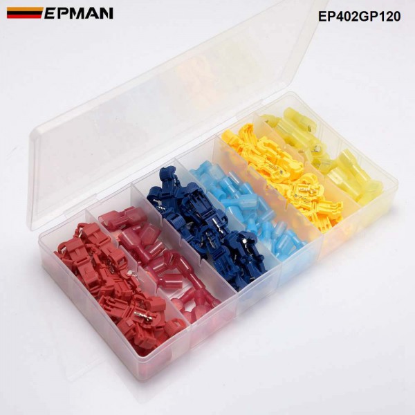 EPMAN 120pcs T-Taps/Male Insulated Wire Terminal Connectors Car Alarm Installation Quick Splice Wire Connector EP402GP120