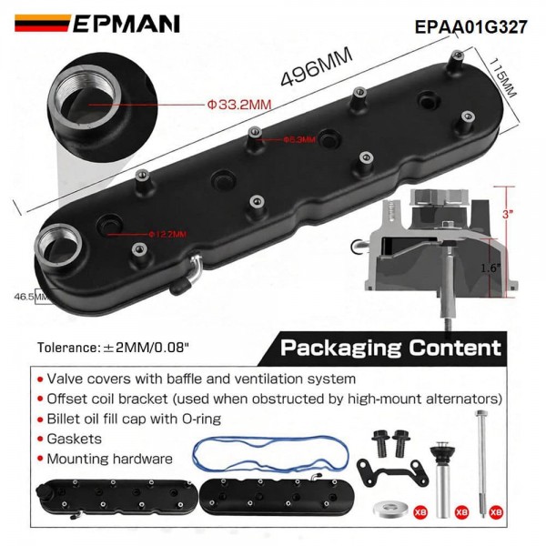EPMAN Performance Tall Valve Cover Kit for GM LS Engines - Cast Aluminum, Coil-on-Cover Design, LS1 to LS7 Compatible EPAA01G327