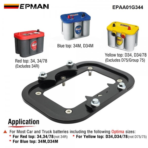 EPMAN CNC Billet Aluminum Battery Tray for Optima Batteries | Direct OEM Plastic Tray Replacement | Group 34 Series Compatible | Corrosion Resistant for Off-Road UTV Marine EPAA01G344