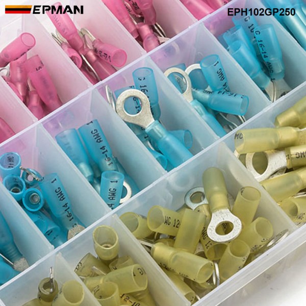 EPMAN 250 pcs Insulated Heat Shrink Wire Electric Connector Crimp Terminals Ring Butt Kit Heat Shrink Connectors EPH102GP250    
