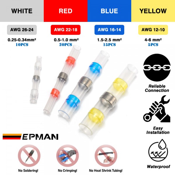 EPMAN 200PCS Solder Seal Butt Connectors + Heat Shrink Wire Terminals Electrical Crimp EPH204GP200 EPMAN 200PCS Solder Seal Butt Connectors + Heat Shrink Wire Terminals Electrical Crimp EPH204GP200