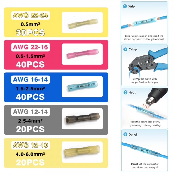 EPMAN 200PCS Solder Seal Butt Connectors + Heat Shrink Wire Terminals Electrical Crimp EPH204GP200