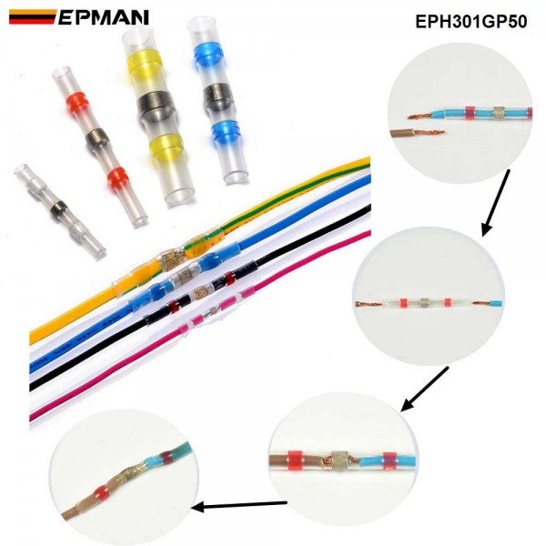 EPMAN 50Pcs Waterproof Heat Shrink Seal Splice Connector Terminal Solder Sleeve Wire Connectors 26-10 AWG Insulated Shrinkabl EPH301GP50