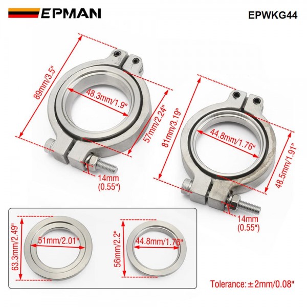 EPMAN Universal Turbo Wastegate V Band Clamp Set 44mm Stainless Steel Exhaust Flange Kit For TiAL Style MVS/MVR External Wastegate EPWKG44