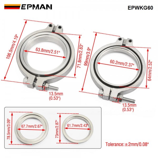 EPMAN 60mm TiAL Style V60 Wastegate Flange Kit Stainless Steel V-Band Clamp Universal External Wastegate Welding Adapter For Turbo Manifold EPWKG60