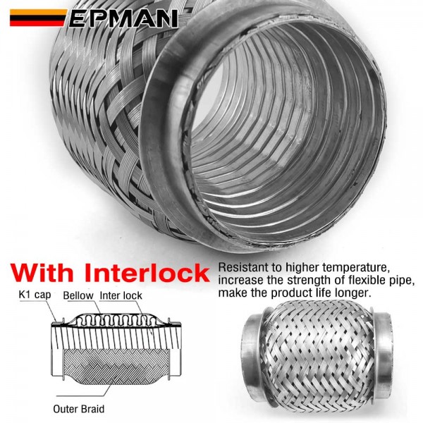 EPMAN SS304 Outer Braid Exhaust Stainless Flex Bellow Flexible Pipe 2.5" 3" 3.5" 4" With Interlock for Automotive (Pre-Order)