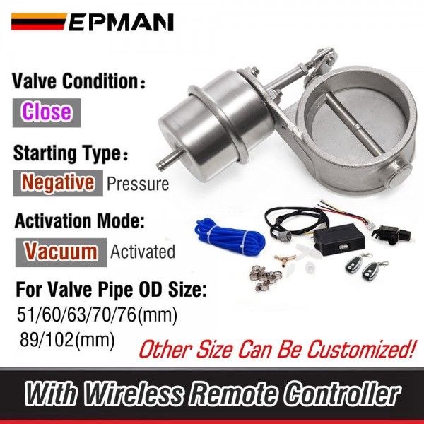 EPMAN 51mm/60mm/63mm/70mm/76mm/89mm/102mm Closed Vacuum Exhaust Cutout Valve With Wireless Remote Controller Set EPMAN 51mm/60mm/63mm/70mm/76mm/89mm/102mm Closed Vacuum Exhaust Cutout Valve With Wireless Remote Controller Set