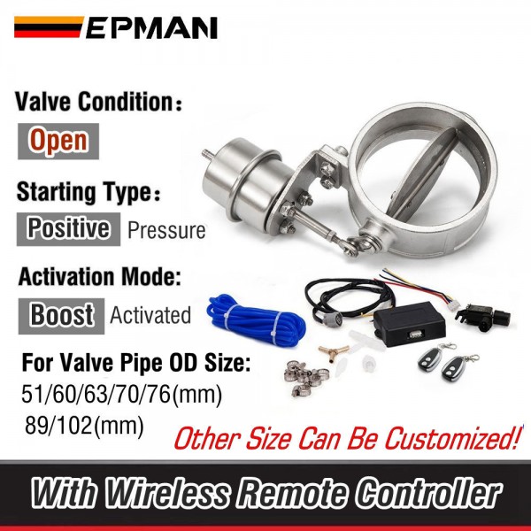 EPMAN Exhaust Control Valve With Boost Actuator Cutout 51mm/60mm/63mm/70mm/76mm/89mm/102mm Pipe Open With Wireless Remote Controller Set EPMAN Exhaust Control Valve With Boost Actuator Cutout 51mm/60mm/63mm/70mm/76mm/89mm/102mm Pipe Open With Wireless Remote Controller Set