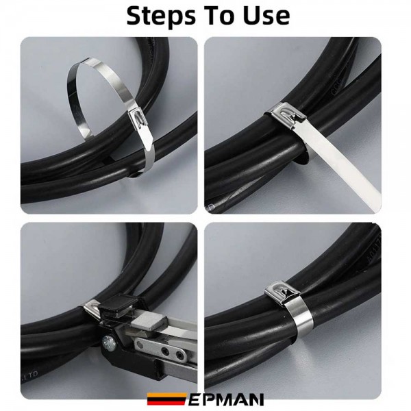 EPMAN 100x 304 Stainless Steel Metal Cable Ties Multi-Purpose Locking Heavy Duty Zip Tie For Exhaust Wrapping