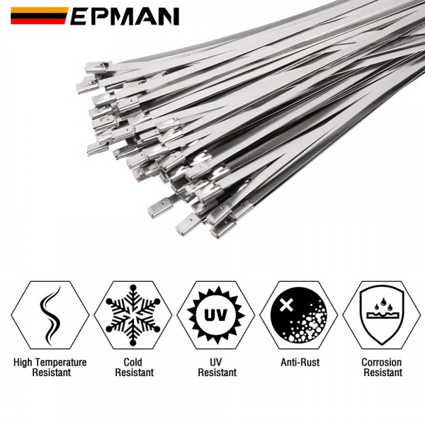 EPMAN 100x 304 Stainless Steel Metal Cable Ties Multi-Purpose Locking Heavy Duty Zip Tie For Exhaust Wrapping