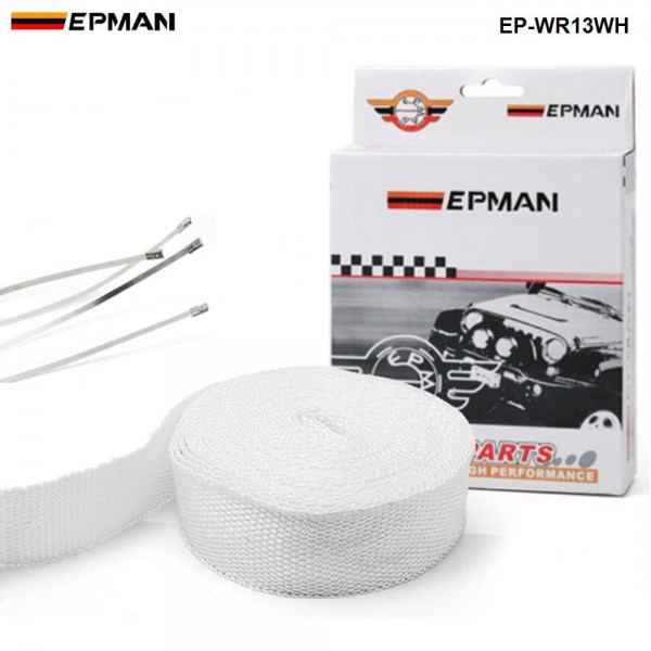 EPMAN White Turbo Manifold Heat Exhaust Thermal Wrap Tape & Stainless Ties 2"X10meter EP-WR13WH