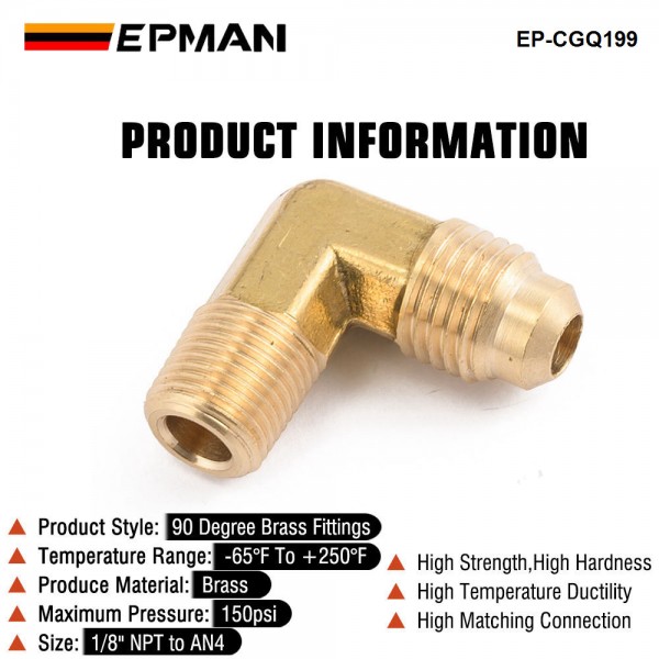 EPMAN -1/8NPT to AN4 -4 Forged 90 Degree Brass Fitting For Turbo, Oil, Brake Adapter EP-CGQ199