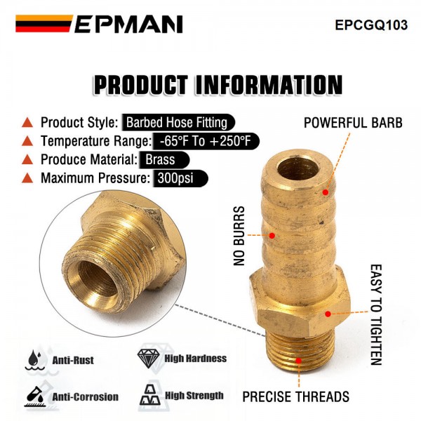 EPMAN Straight 3/8 ID Hose Barb 1/8 Male NPT Brass Fitting Adapters For Vacuum Line, Fuel Pump, Oil Cooler EPCGQ103 EPMAN Straight 3/8 ID Hose Barb 1/8 Male NPT Brass Fitting Adapters For Vacuum Line, Fuel Pump, Oil Cooler EPCGQ103