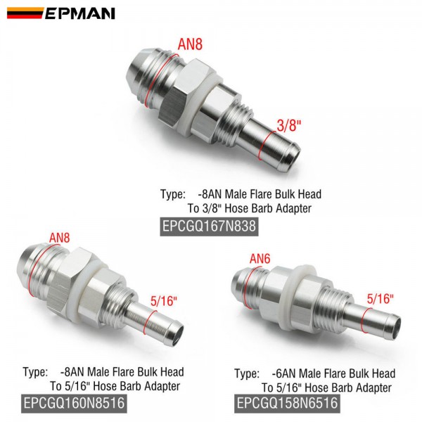EPMAN AN6/AN8 Flare Male Bulkhead To 5/16" Or 3/8" Hose Barb Fitting Adapter Aluminium For Fuel Pump Tank Vehicle Modified EPMAN AN6/AN8 Flare Male Bulkhead To 5/16" Or 3/8" Hose Barb Fitting Adapter Aluminium For Fuel Pump Tank Vehicle Modified