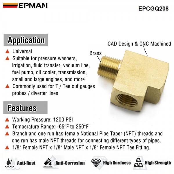 EPMAN Brass Pipe Fitting Barstock Street Tee T 3 Way NPT 1/8"F x 1/8" F x 1/8" Male Adapter Fittings F/Pipe/Tank EPCGQ208