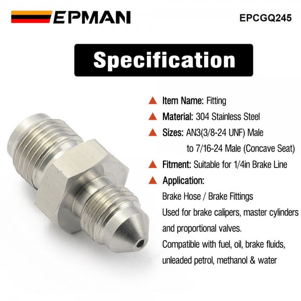 EPMAN -3AN Male To 7/16-24 Male Stainless Steel Concave Seat Inverted Flare Adapter Fitting For 1/4" Brake Line EPCGQ245