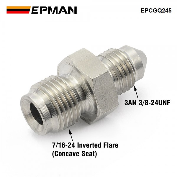 EPMAN -3AN Male To 7/16-24 Male Stainless Steel Concave Seat Inverted Flare Adapter Fitting For 1/4" Brake Line EPCGQ245 EPMAN -3AN Male To 7/16-24 Male Stainless Steel Concave Seat Inverted Flare Adapter Fitting For 1/4" Brake Line EPCGQ245