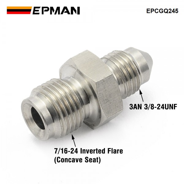 EPMAN -3AN Male To 7/16-24 Male Stainless Steel Concave Seat Inverted Flare Adapter Fitting For 1/4" Brake Line EPCGQ245