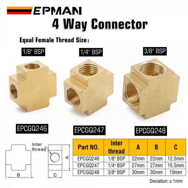 EPMAN Square 4 Ways Brass Pipe Tee Fittings Equal Female Connector 1/8" 1/4" 3/8" BSP Thread For Grease System Hydraulic System EPMAN Square 4 Ways Brass Pipe Tee Fittings Equal Female Connector 1/8" 1/4" 3/8" BSP Thread For Grease System Hydraulic System