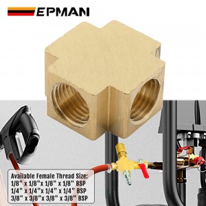 EPMAN Square 4 Ways Brass Pipe Tee Fittings Equal Female Connector 1/8" 1/4" 3/8" BSP Thread For Grease System Hydraulic System