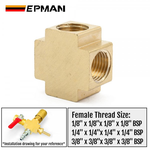 EPMAN Square 4 Ways Brass Pipe Tee Fittings Equal Female Connector 1/8" 1/4" 3/8" BSP Thread For Grease System Hydraulic System