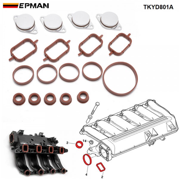 EPMAN 4 x 33mm Aluminium Swirl Flap Bungs W/Gaskets Replacement Set +O-Ring For BMW 3 5 Series Intake Manifold TKYD801A