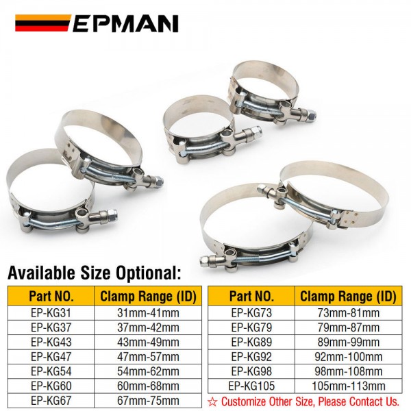 EPMAN 1Pair/Set 31mm-113mm Stainless Steel Silicone Turbo Hose Coupler T Bolt Super Clamps For 1.25",1.5", 1.75", 2.0", 2.25", 2.5", 2.75", 3.0", 3.5", 4" Silicone Hose