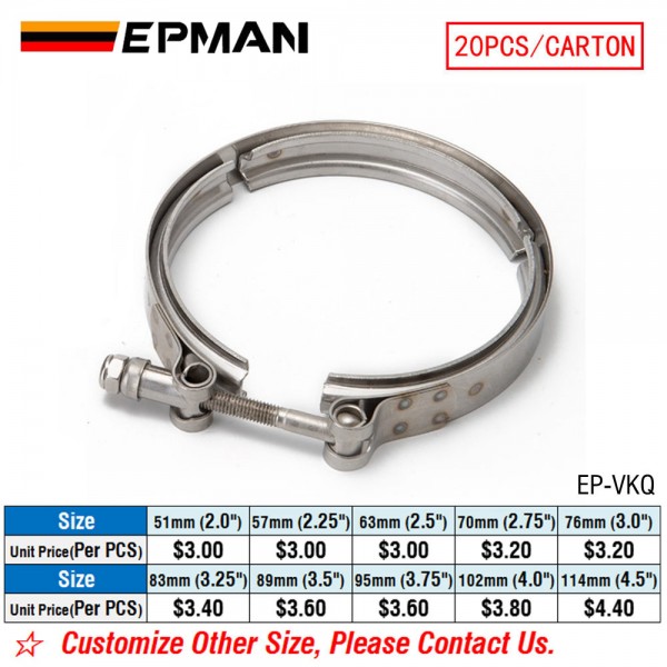 EPMAN 20PCS/CARTON Universal 2" 2.25" 2.5" 2.75" 3" 3.25" 3.5" 3.75" 4" 4.5" Inch Stainless Steel V-Band Turbo Downpipe Exhaust Clamp Vband EP-VKQ-20T EPMAN 20PCS/CARTON Universal 2" 2.25" 2.5" 2.75" 3" 3.25" 3.5" 3.75" 4" 4.5" Inch Stainless Steel V-Band Turbo Downpipe Exhaust Clamp Vband EP-VKQ-20T