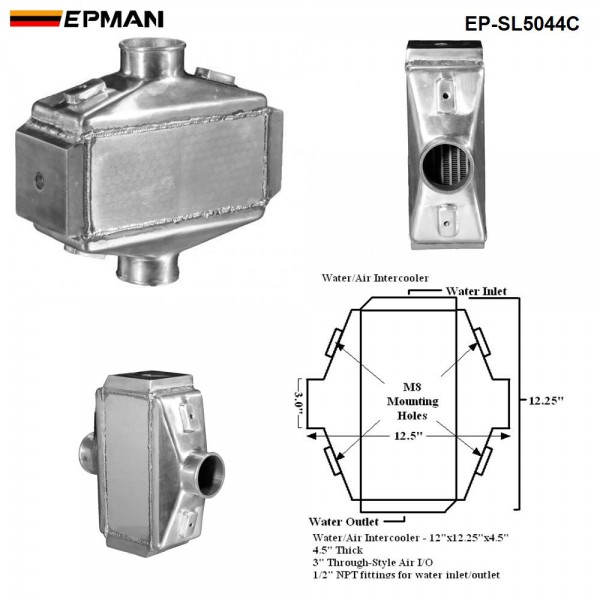 EPMAN Universal Aluminum Bar & Plate Front Mount Water-To-Air Intercooler Inlet/Oulet 3" Core: 12"x11"x4.5" EP-SL5044C