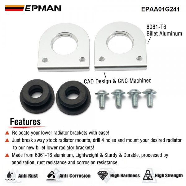 EPMAN Aluminum Radiator Lower Mount Bracket Relocator W/Low Profile Bushings For Mostly Honda EPAA01G241