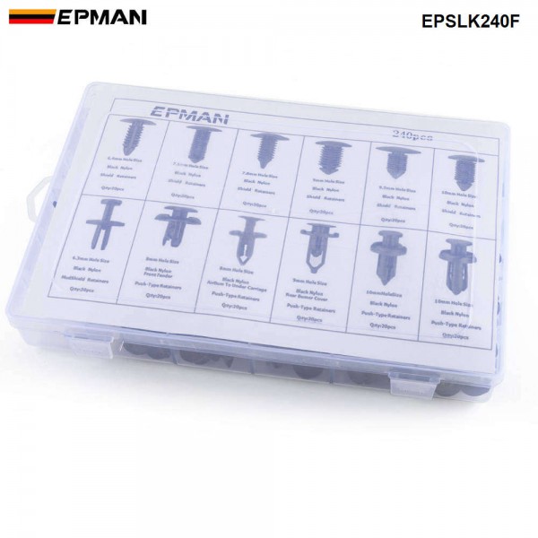 EPMAN 240 PCS Plastic Rivets Fastener Fender Bumper Push Pin Clips Free Remover Tool EPSLK240F