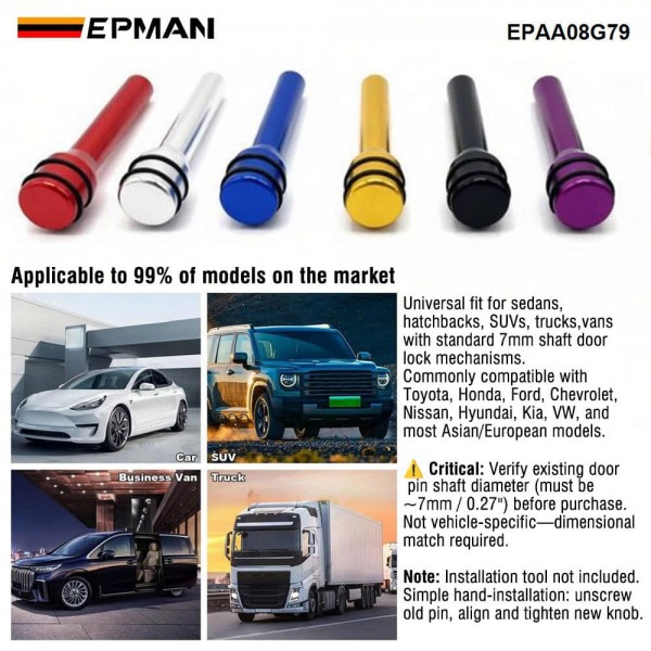 EPMAN Car Door Lock Knob Replacement Aluminum Alloy with Rubber O-Ring Non-Slip 7mm Shaft Universal Fit for Toyota Honda Ford Chevrolet Vehicles EPAA08G79