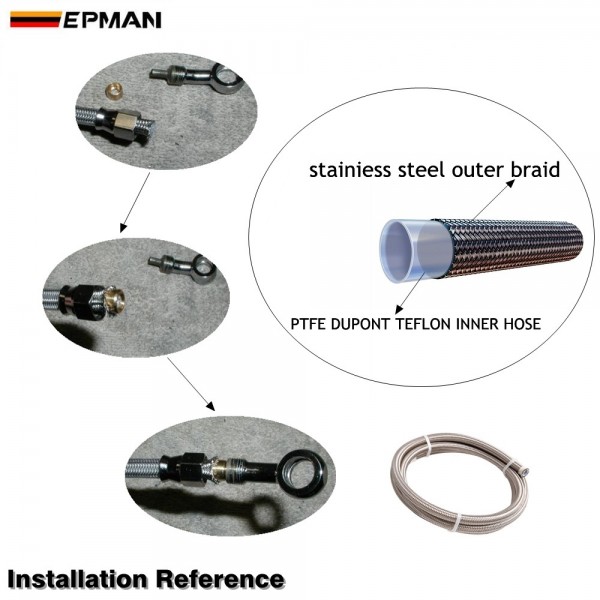 EPMAN 50M Braided Stainless Steel 3AN AN3 AN-3 Teflon Brake Swivel Hose PTEF Hydraulic Brake Fuel Line Hose EP-TFL03