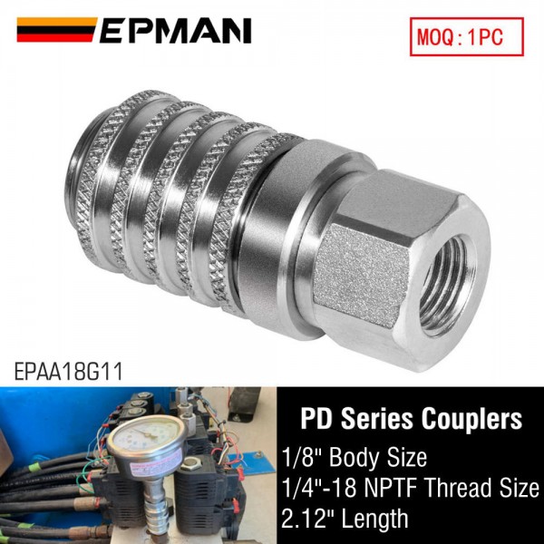 EPMAN PD242 Series PD Steel Test Port and Diagnostic Equipment Quick Coupler with Female Pipe Thread, 1/8" Body Size, 1/4"-18 NPTF Thread Size, 2.12" Length EPAA18G11 EPMAN PD242 Series PD Steel Test Port and Diagnostic Equipment Quick Coupler with Female Pipe Thread, 1/8" Body Size, 1/4"-18 NPTF Thread Size, 2.12" Length EPAA18G11