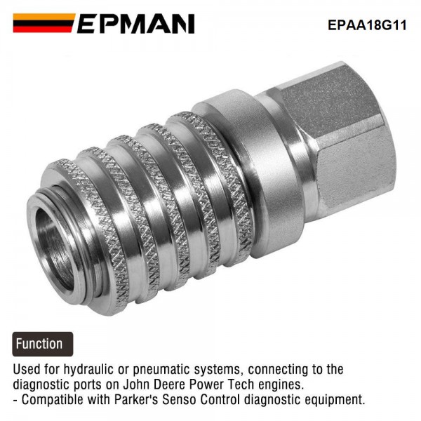 EPMAN PD242 Series PD Steel Test Port and Diagnostic Equipment Quick Coupler with Female Pipe Thread, 1/8" Body Size, 1/4"-18 NPTF Thread Size, 2.12" Length EPAA18G11 EPMAN PD242 Series PD Steel Test Port and Diagnostic Equipment Quick Coupler with Female Pipe Thread, 1/8" Body Size, 1/4"-18 NPTF Thread Size, 2.12" Length EPAA18G11