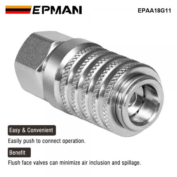 EPMAN PD242 Series PD Steel Test Port and Diagnostic Equipment Quick Coupler with Female Pipe Thread, 1/8" Body Size, 1/4"-18 NPTF Thread Size, 2.12" Length EPAA18G11 EPMAN PD242 Series PD Steel Test Port and Diagnostic Equipment Quick Coupler with Female Pipe Thread, 1/8" Body Size, 1/4"-18 NPTF Thread Size, 2.12" Length EPAA18G11