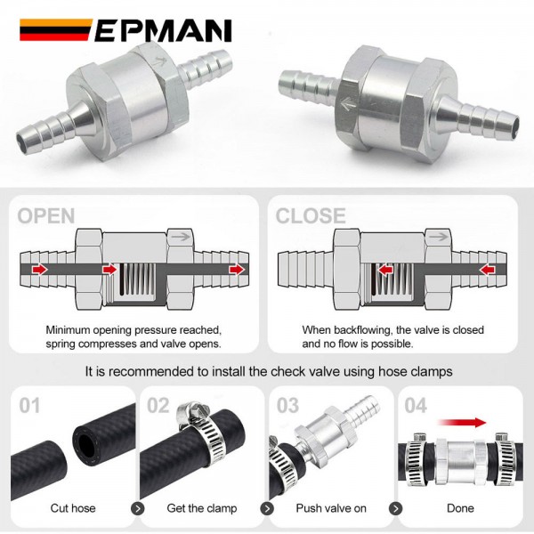 EPMAN Universal Aluminum One way Flow Check valve Non Return Inline for Gas or Diesel fuel EPAA22G01KM EPMAN Universal Aluminum One way Flow Check valve Non Return Inline for Gas or Diesel fuel EPAA22G01KM
