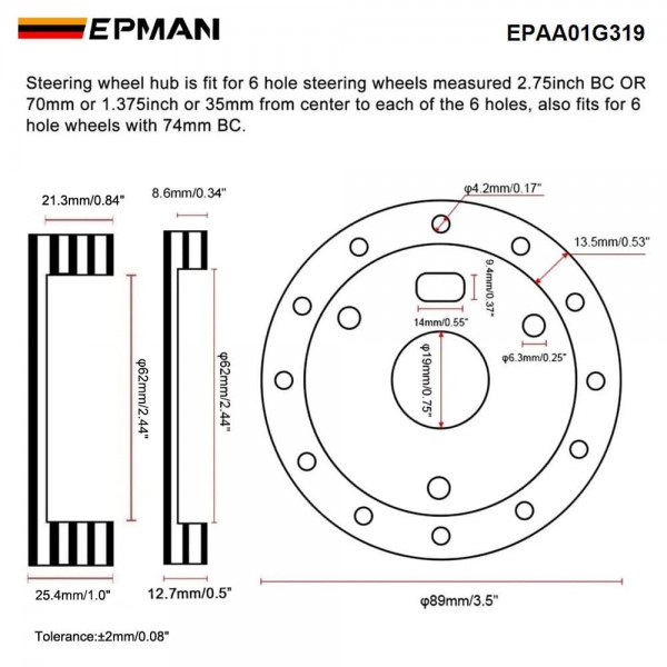 EPMAN 1" / 0.5" Extension Hub/ Spacer for 6 hole Steering Wheel to 3 hole Adapter Boss Kit Spacer EPAA01G319