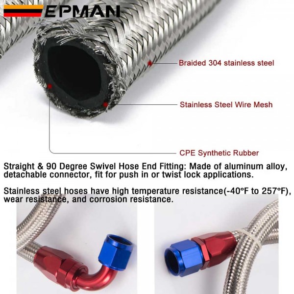 EPMAN AN10 Stainless Steel Braided Line Fuel Hose Kit With Oil Hose Ending Fitting 10AN Straight & 90 degree
