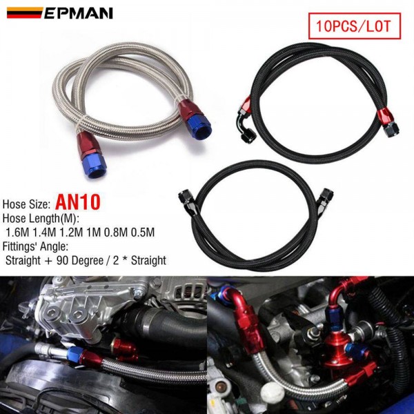 EPMAN 10PCS/LOT 55" 10AN Stainless Steel Braided Oil/Fuel Line w/ Fitting Hose End Adapter 