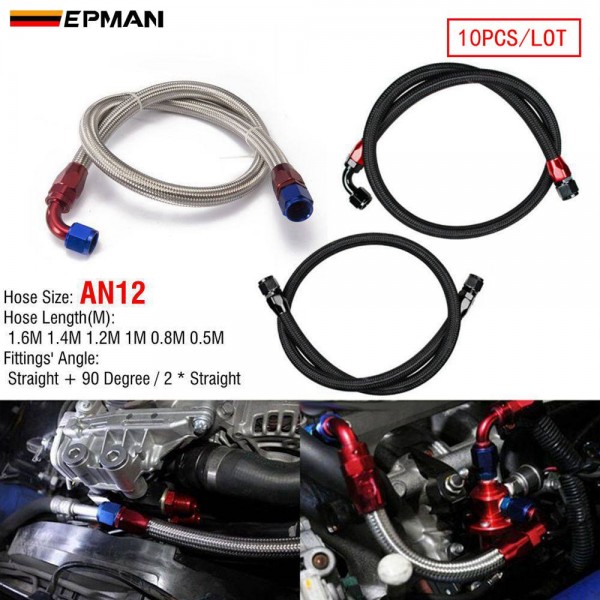 EPMAN 10PCS/LOT 55" 12AN Stainless Steel Braided Oil/Fuel Line w/ Fitting Hose End Adapter 