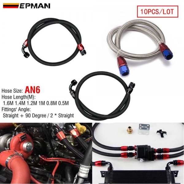 EPMAN 10PCS/LOT 55" 6AN Stainless Steel Braided Oil/Fuel Line w/ Fitting Hose End Adapter 