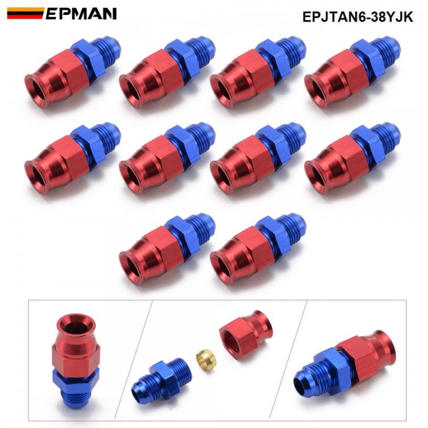 EPMAN 10PCS 6AN Male To 3/8" Tubing Adapter Fuel Hardline Tube Fitting Connector Aluminum Blue&Red Anodized EPJTAN6-38YJK